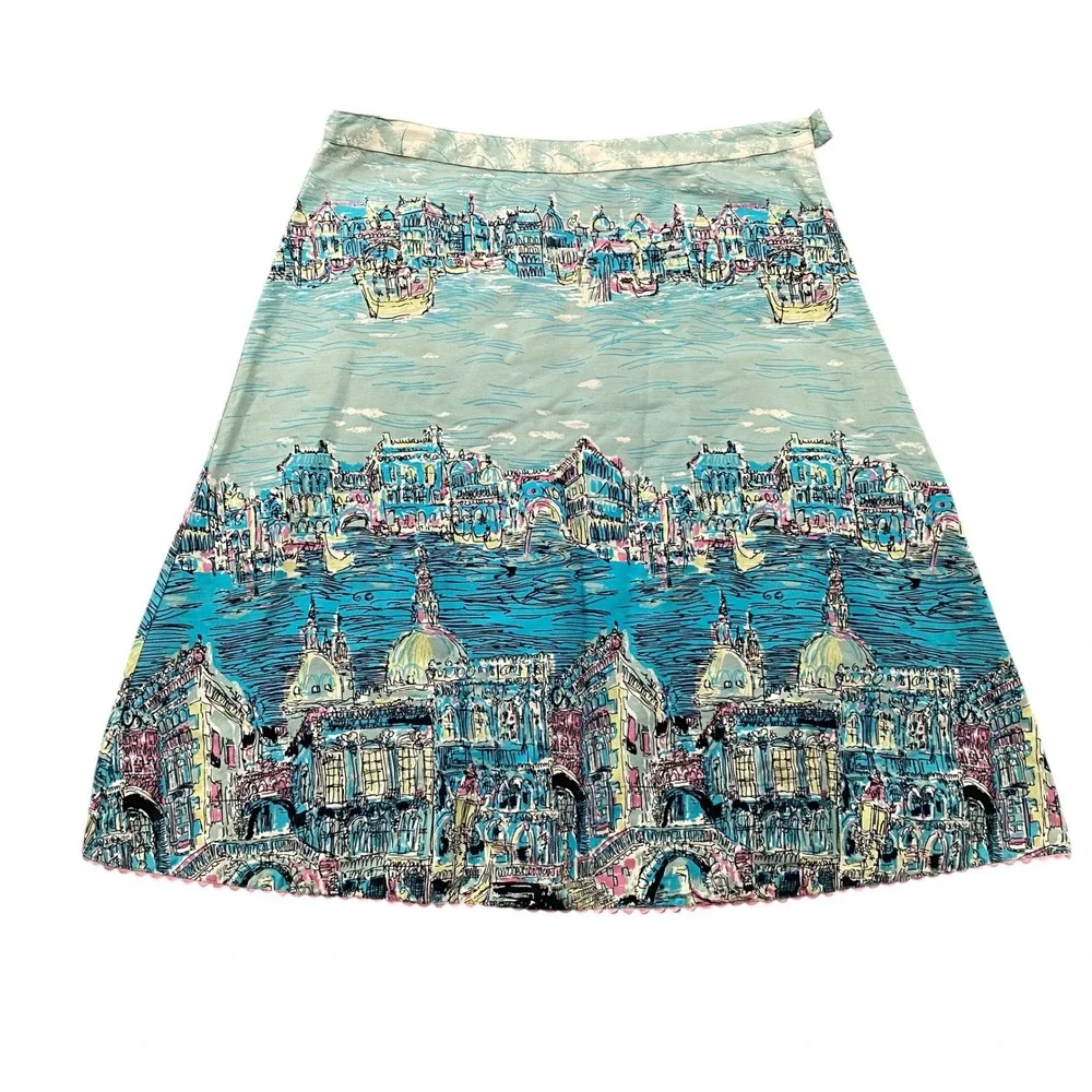 Elevenses Anthropologie Venice Canal Cityscape Cotton A-Line Skirt Blue Size 6